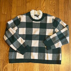 Anthropologie Plaid Ruffle-Collar Pullover Sweater, Green & Cream 1X